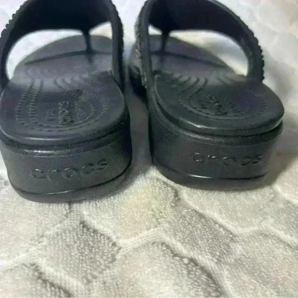 Crocs Monterey Diamante Womens Size 5 Black Flip Flop Wedge Sandals Like New - Picture 7 of 8